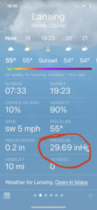 weather app screenshot from cell phone showing barometric pressure readout of 29.69 mm Hg