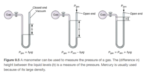 Three diagrams of manometers are shown. Each manometer consists of a spherical pink container filled with gas on the left that is connected to a U-shaped, sealed tube by a valve on its right. The top of the U aligns with the gas-filled sphere and the U, which extends below, contains mercury. The first manometer has a sealed tube. The sealed end to the upper right in the diagram is labeled “closed end” and “vacuum.” The mercury level is higher in the right side of the tube than in the left. The difference in height is labeled “h.” Beneath this manometer illustration appears the label P subscript gas equal sign h rho g. The second manometer has an open-ended tube, which is labeled “open end.” At this opening in the upper right of the diagram is the label P subscript atm. The mercury level is higher in the left side of the tube than in the right. This difference in height is labeled “h.” Beneath this manometer illustration appears the label P subscript gas equal sign P subscript atm minus sign h rho g. The third manometer has an open-ended tube and is similar to the second manometer except that the mercury level is higher in the right side of the tube than in the left. This difference in height is labeled “h.” Beneath this manometer illustration appears the label P subscript gas equal sign P subscript a t m plus h rho g.