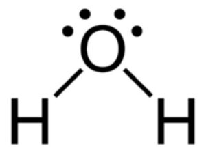 A Lewis structure depicts an oxygen atom with two lone pairs of electrons single bonded to two hydrogen atoms.