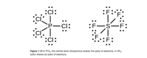 Two Lewis structures are shown. The left shows a phosphorus atom single bonded to five chlorine atoms, each with three lone pairs of electrons. The right shows a sulfur atom single bonded to six fluorine atoms, each with three lone pairs of electrons.