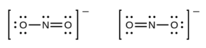 Two Lewis structures are shown. The left structure shows an oxygen atom with three lone pairs of electrons single bonded to a nitrogen atom with one lone pair of electrons that is double bonded to an oxygen with two lone pairs of electrons. Brackets surround this structure, and there is a superscripted negative sign. The right structure shows an oxygen atom with two lone pairs of electrons double bonded to a nitrogen atom with one lone pair of electrons that is single bonded to an oxygen atom with three lone pairs of electrons. Brackets surround this structure, and there is a superscripted negative sign.