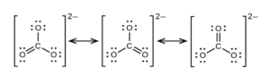 Three Lewis structures are shown with double headed arrows in between. Each structure is surrounded by brackets, and each has a superscripted two negative sign. The left structure depicts a carbon atom bonded to three oxygen atoms. It is single bonded to two of these oxygen atoms, each of which has three lone pairs of electrons, and double bonded to the third, which has two lone pairs of electrons. The double bond is located between the lower left oxygen atom and the carbon atom. The central and right structures are the same as the first, but the position of the double bonded oxygen has moved to the lower right oxygen in the central structure and to the top oxygen in the right structure.