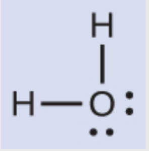 A Lewis structure depicts an oxygen atom with two lone pairs of electrons single bonded to two hydrogen atoms.