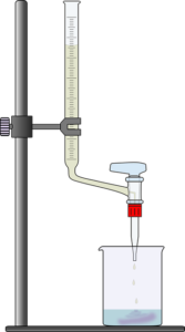 Titration setup Picture of a typical acid-base titration setup. Titrant from a burette is dispensed into an Erlenmeyer flask containing analyte.