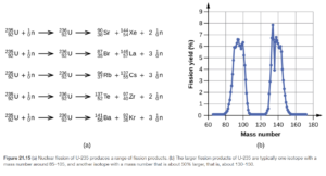 alt="Five nuclear equations and a graph are shown. The first equation is “superscript, 235, subscript 92, U, plus sign, superscript, 1, subscript 0, n, yield arrow, superscript, 236, subscript 92, U, yield arrow, superscript, 90, subscript 38, S r, plus sign, superscript, 144, subscript 54, X e, plus sign, 2, superscript, 1, subscript 0, n.” The second equation is “superscript, 235, subscript 92, U, plus sign, superscript, 1, subscript 0, n, yield arrow, superscript, 236, subscript 92, U, yield arrow, superscript, 87, subscript 35, B r, plus sign, superscript, 146, subscript 57, L a, plus sign, 3, superscript, 1, subscript 0, n.” The third equation is “superscript, 235, subscript 92, U, plus sign, superscript, 1, subscript 0, n, yield arrow, superscript, 236, subscript 92, U, yield arrow, superscript, 97, subscript 37, R b, plus sign, superscript, 137, subscript 55, C s, plus sign, 3, superscript, 1, subscript 0, n.” The fourth equation is “superscript, 235, subscript 92, U, plus sign, superscript, 1, subscript 0, n, yield arrow, superscript, 236, subscript 92, U, yield arrow, superscript, 137, subscript 52, T e, plus sign, superscript, 97, subscript 40, Z r, plus sign, 2, superscript, 1, subscript 0, n.” The fifth equation is “superscript, 235, subscript 92, U, plus sign, superscript, 1, subscript 0, n, yield arrow, superscript, 236, subscript 92, U, yield arrow, superscript, 141, subscript 56, B a, plus sign, superscript, 92, subscript 36, K r, plus sign, 3, superscript, 1, subscript 0, n.” A graph is also shown where the y-axis is labeled “Fission yield, open parenthesis, percent sign, close parenthesis” and has values of 0 to 9 in increments of 1 while the x-axis is labeled “Mass number” and has values of 60 to 180 in increments of 20. The graph begins near point “65, 0” and rises rapidly to near “92, 6.6,” then drops just as rapidly to “107, 0” and remains there to point “127, 0.” The graph then rises again to near “132, 8,” then goes up and down a bit before falling to a point “153, 0,” and going horizontal."