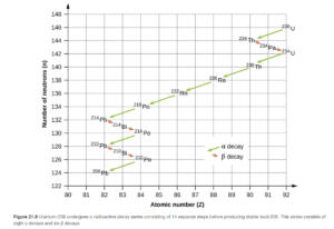 alt="A graph is shown where the x-axis is labeled “Number of neutrons, open parenthesis, n, close parenthesis” and has values of 122 to 148 in increments of 2. The y-axis is labeled “Atomic number” and has values of 80 to 92 in increments of 1. Two types of arrows are used in this graph to connect the points. Green arrows are labeled as “alpha decay” while red arrows are labeled “beta decay.” Beginning at the point “92, 146” that is labeled “superscript 238, U,” a green arrow connects this point to the second point “90, 144” which is labeled “superscript 234, T h.” A red arrow connect this to the third point “91, 143” which is labeled “superscript 234, P a” which is connected to the fourth point “92, 142” by a red arrow and which is labeled “superscript 234, U.” A green arrow leads to the next point, “90, 140” which is labeled “superscript 230, T h” and is connected by a green arrow to the sixth point, “88, 138” which is labeled “superscript 226, R a” that is in turn connected by a green arrow to the seventh point “86, 136” which is labeled “superscript 222, Ra.” The eighth point, at “84, 134” is labeled “superscript 218, P o” and has green arrows leading to it and away from it to the ninth point “82, 132” which is labeled “superscript 214, Pb” which is connected by a red arrow to the tenth point, “83, 131” which is labeled “superscript 214, B i.” A red arrow leads to the eleventh point “84, 130” which is labeled “superscript 214, P o” and a green arrow leads to the twelvth point “82, 128” which is labeled “superscript 210, P b.” A red arrow leads to the thirteenth point “83, 127” which is labeled “superscript 210, B i” and a red arrow leads to the fourteenth point “84, 126” which is labeled “superscript 210, P o.” The final point is labeled “82, 124” and “superscript 206, P b.”"