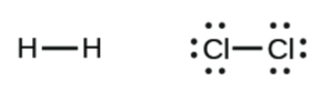 Two Lewis structures are shown. The left-hand structure shows two H atoms connected by a single bond. The right-hand structure shows two C l atoms connected by a single bond and each surrounded by six dots.