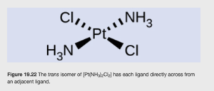 A structure is shown with a central P t atom. From this atom, single bonds represented by short line segments extend from the P t atom up and to the right and below and to the left to the N atom of N H subscript 3 groups. Similarly, two additional single bonds extend up and to the left and down and to the right to C l atoms. 